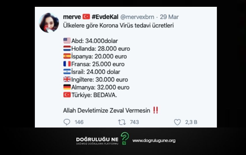 Koronavirüs tedavisinin Türkiye dışında ücretli olduğu iddiası